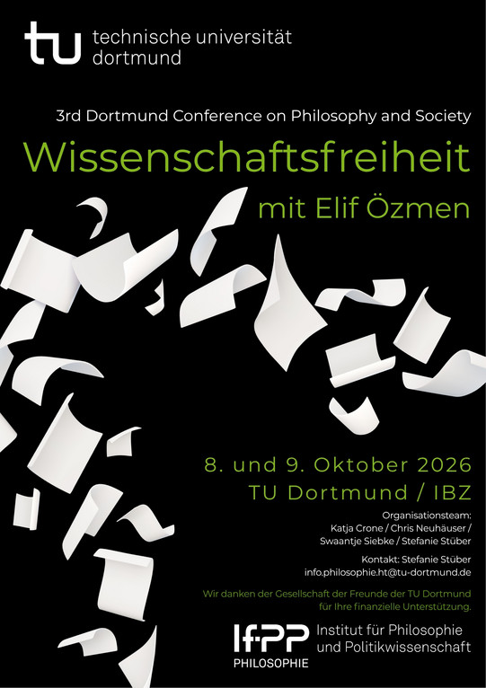  Das Poster zur Veranstaltung ist schwarz. Die relevanten Daten und der Titel der Veranstaltung sind in grüner und weißer Schrift. Auf dem Plakat sind außerdem fliegende weiße Papierbögen abgebildet.