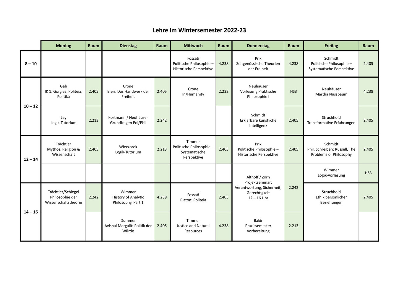 Der Wochenplan der Lehrveranstaltungen der Philosophie im Wintersemester 2022/23