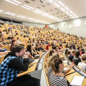 Studierende sitzen in einer Vorlesung im Hörsaal. 